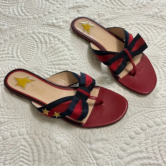 GUCCI Web Star Sandal Flip Flop Patriotic Gold Star Red Blue Bow Flat Size 37 - Picture 1 of 8